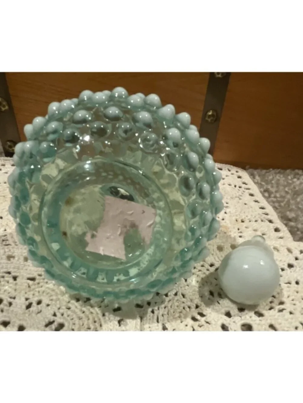 Fenton Wrisley's 5 3/4 In Aqua Blue-Green & White Opal Perfume Bottle